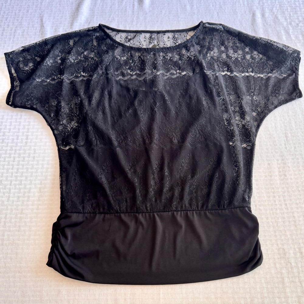 White House Black Market Lace Overlay Top Black Ruched Dolman Sleeve 570062322 L